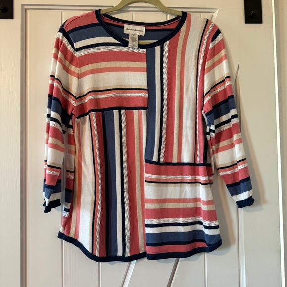 Alfred Dunner Women's Size Medium Pink Blue White Striped Pullover Knit Sweater - Picture 1 of 5